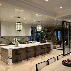 Product: Grassello Fino (ceiling) and Marmorino KS and Soapstone (kitchen hood). Location: Greenwich, CT.